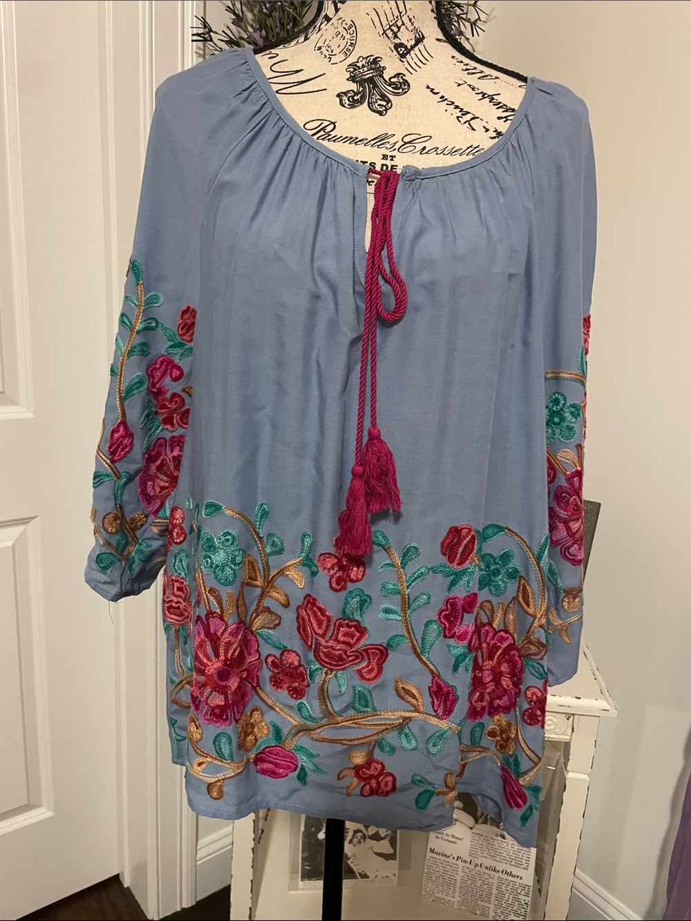 Embroidered Boho Peasant Top in Dusty Blue with Pink Accents